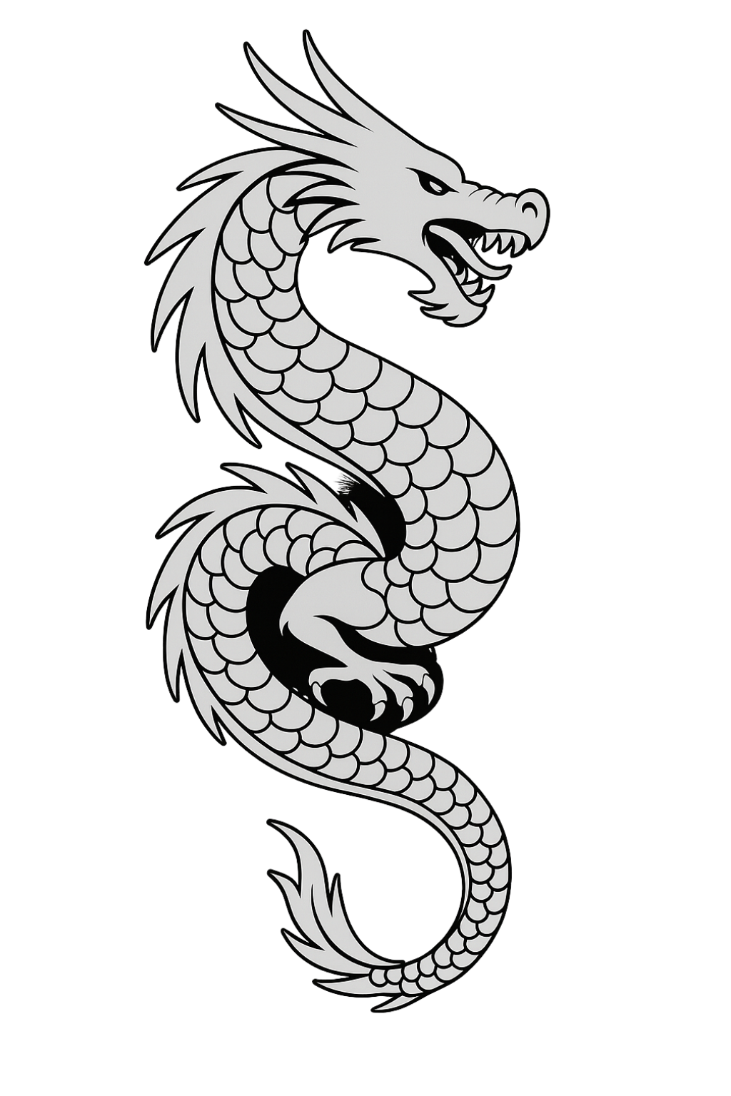 Black and white illustration of a fierce dragon with scales, sharp claws, and an open mouth showing teeth, set against a black background.