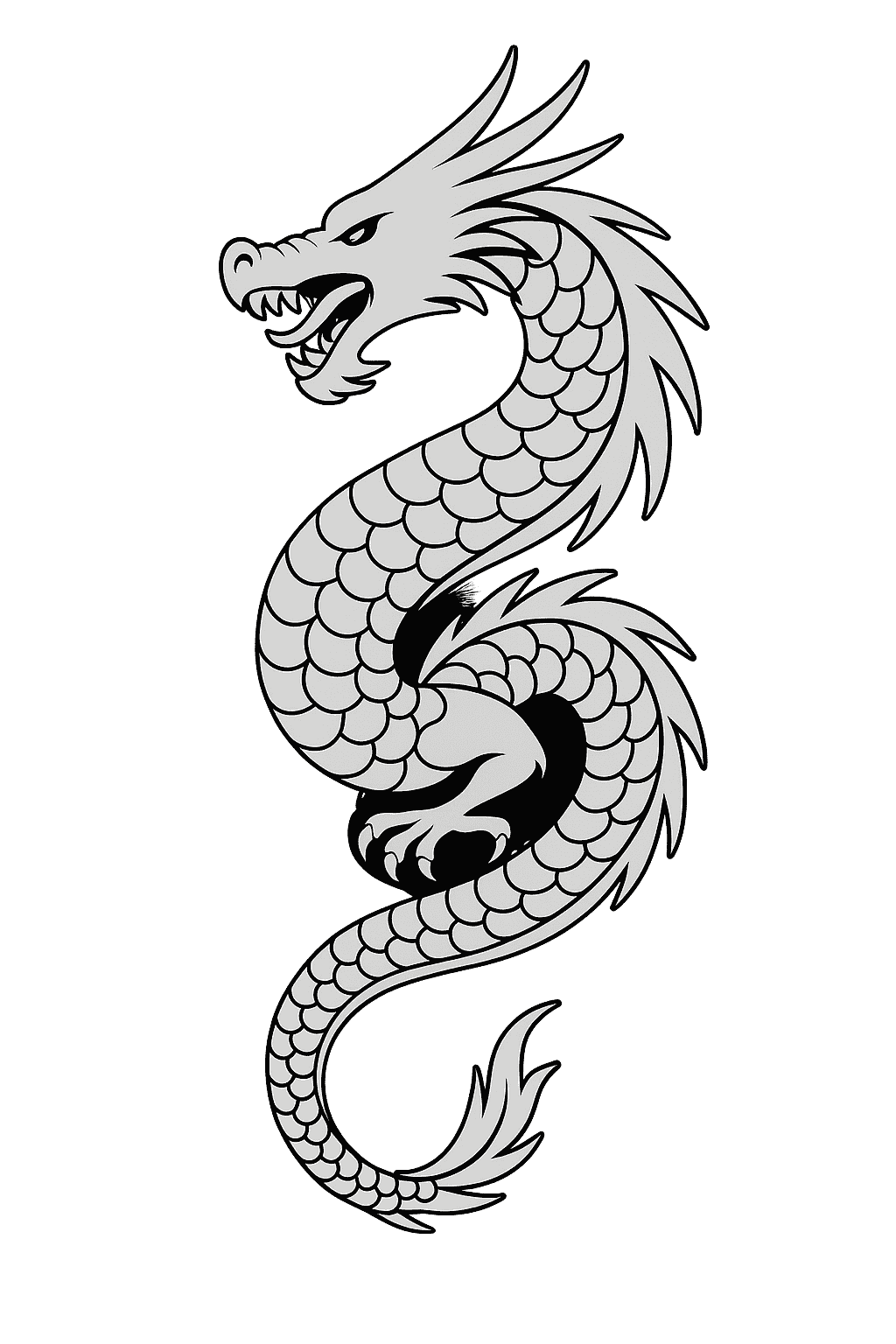 A black and white illustration of a traditional Asian style dragon on a green background.