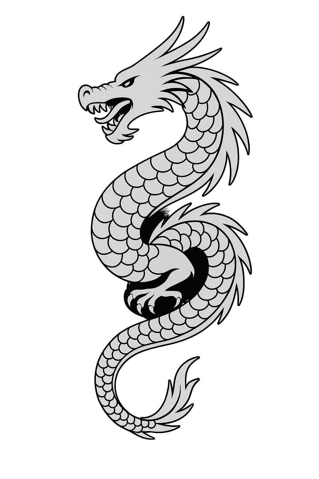 Gray dragon with detailed scales and fierce expression on a dark green background.