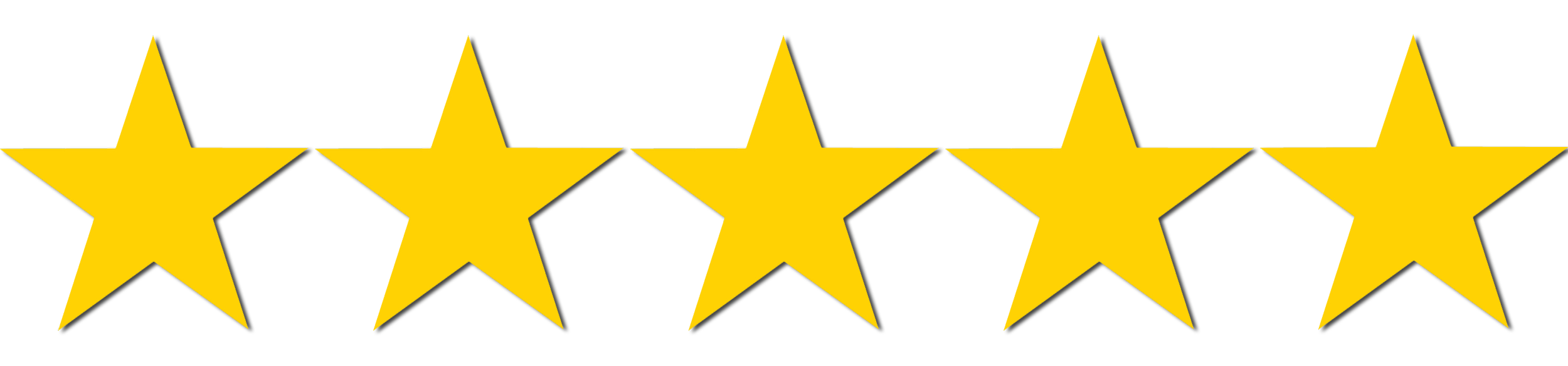 Five gold stars with black shadows on a dark background, arranged in a horizontal row.