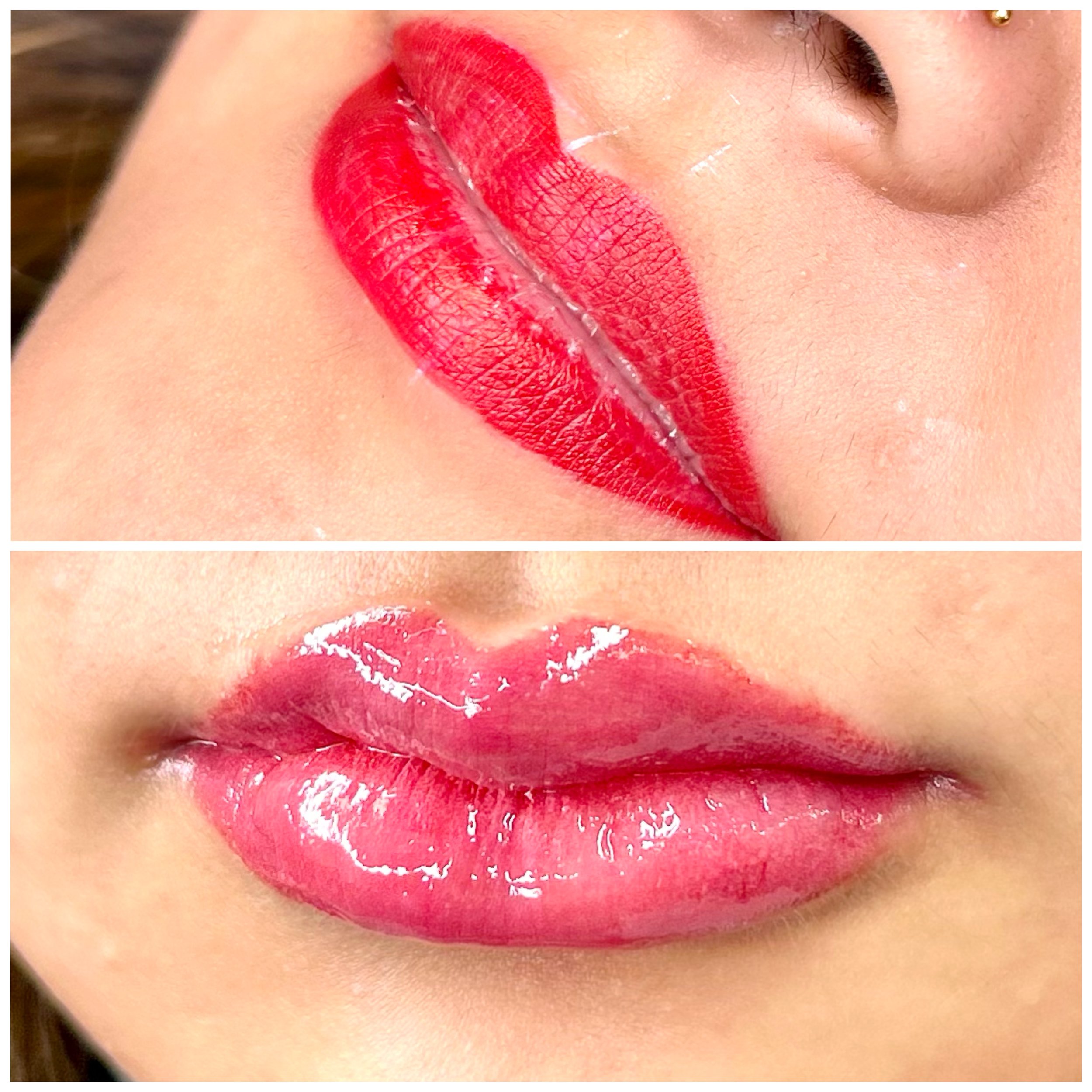 Close-up of a person's lips with red lipstick in the top image and glossy pink lips in the bottom image.