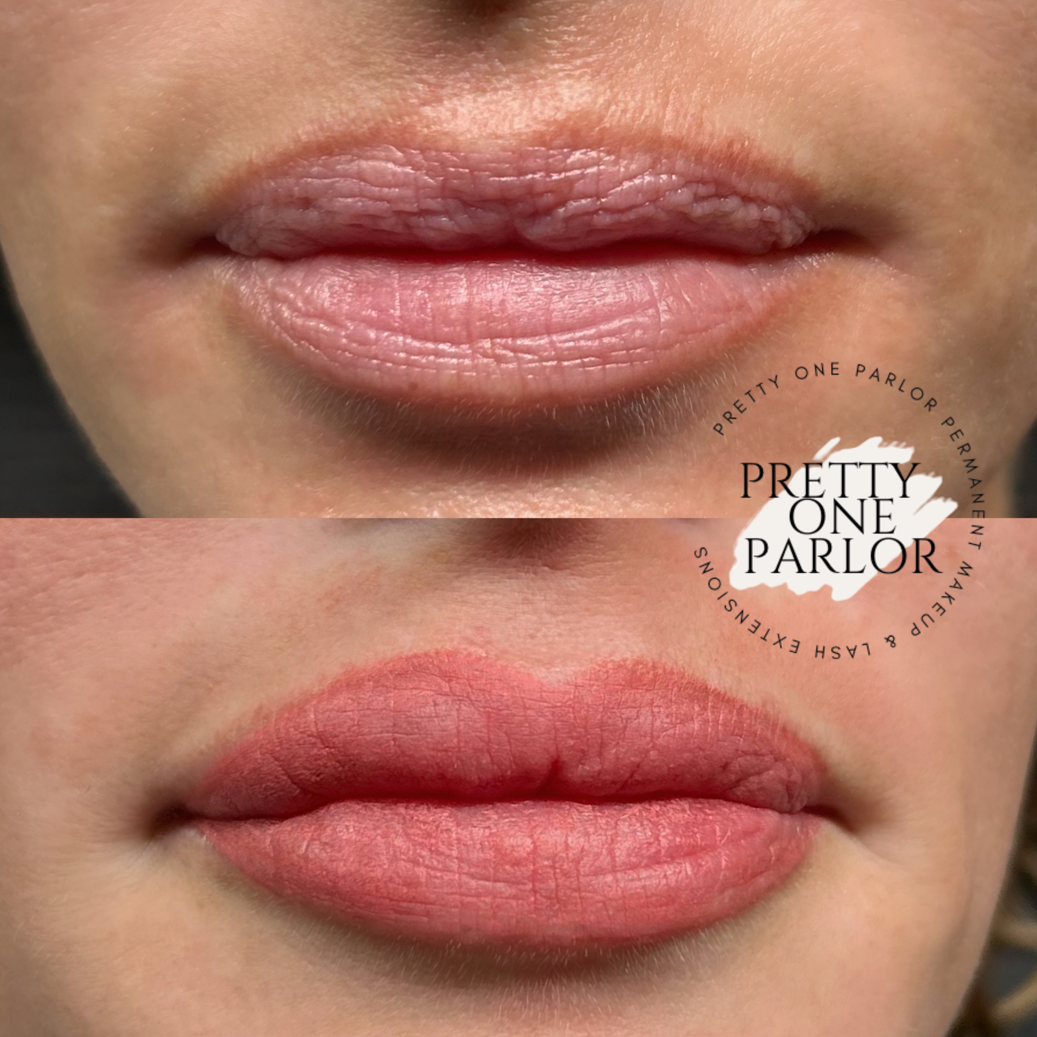 Side-by-side comparison of lips before and after makeup application, with a logo overlay reading "Pretty One Parlor".