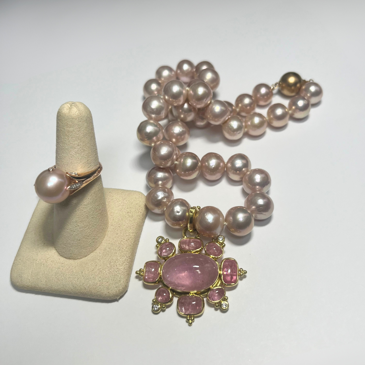 Imperial Deltah Natural Lavender Freshwater Pearl Necklace and The Mazza Company Pink Tourmaline Pendant and the Imperial Deltah Windsor Pink Pearl & Diamond Ring