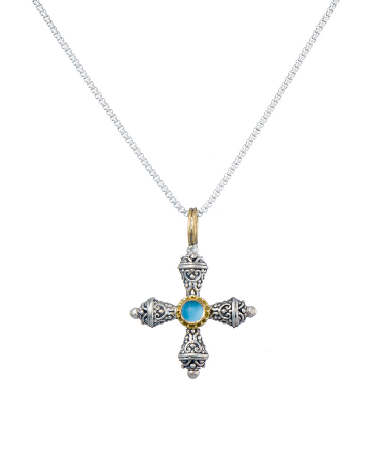 Gerochristo Gold & Sterling Silver Aqua Spinel Cross Charm