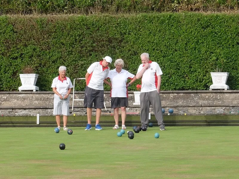 Four people playing lawn bowls on a green, with a hedge and decorative flowerpots in the background.