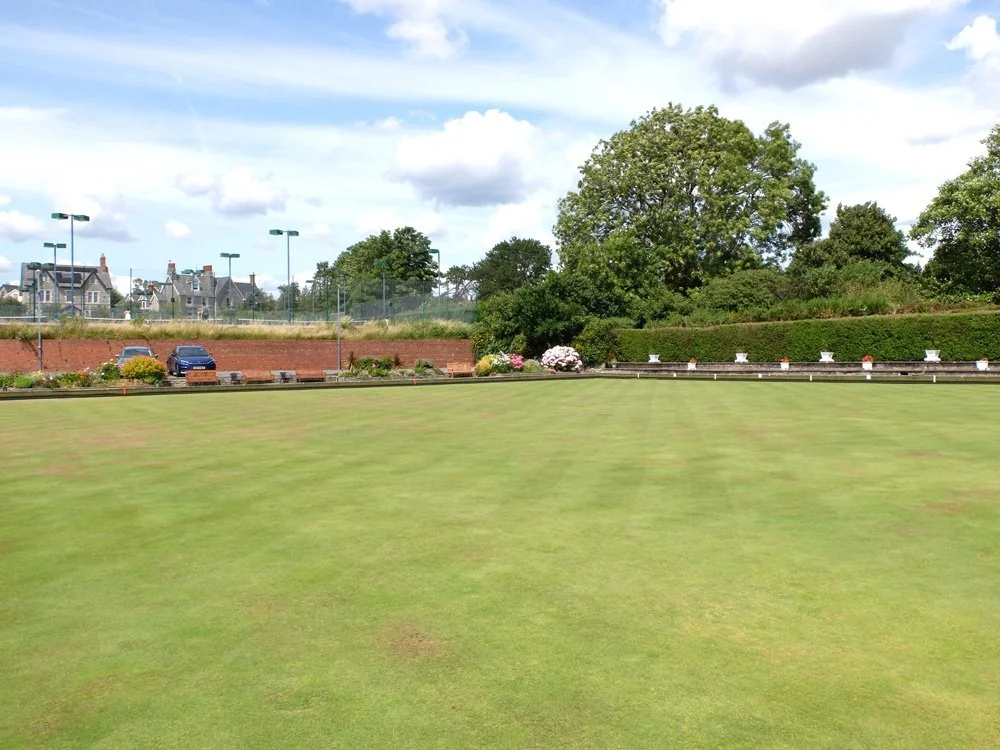 A well-maintained lawn or sports field with a background of trees, shrubbery, and residential houses under a partly cloudy sky.