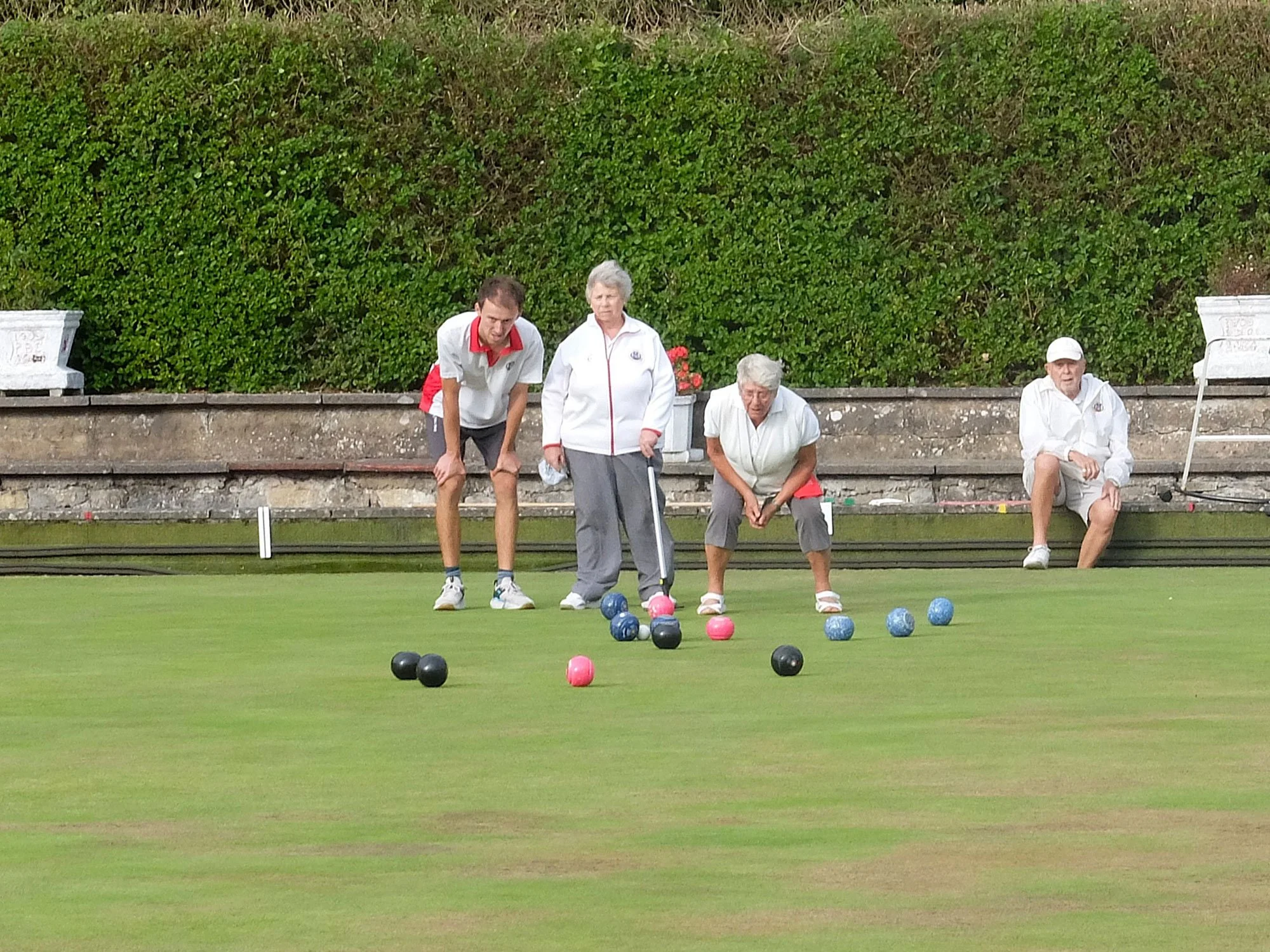 Four elderly people playing lawn bowls on a green, with three people standing and one sitting on the back benches, and a hedge in the background.