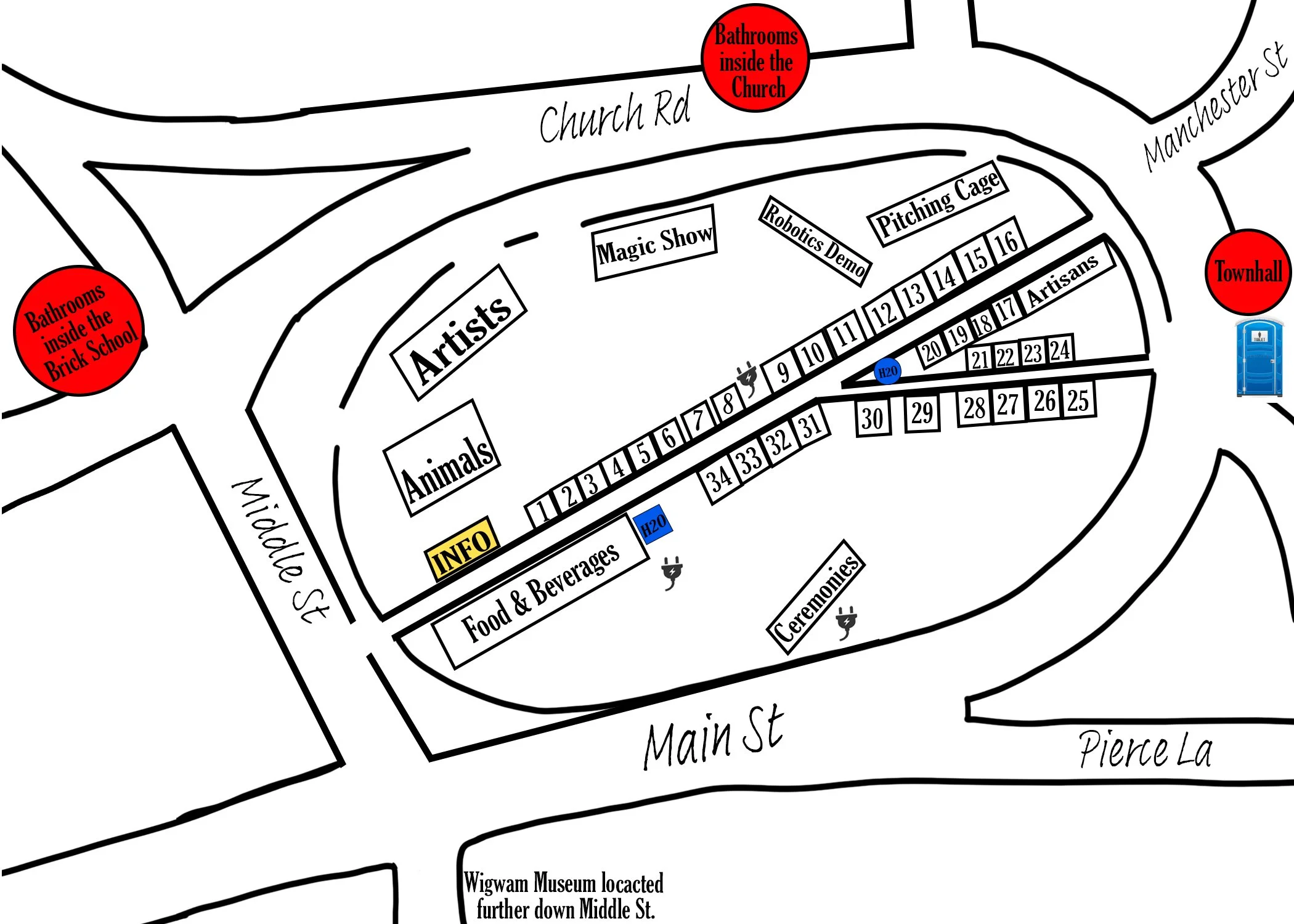 A black and white map of a festival or event area with various labeled sections and points of interest, including bathrooms inside the church and brick school, artist booths, animal exhibits, food and beverages, ceremonies, and other features. Red circles mark three locations: inside the church, inside the brick school, and town hall. There are also blue markers for water stations and an information booth.