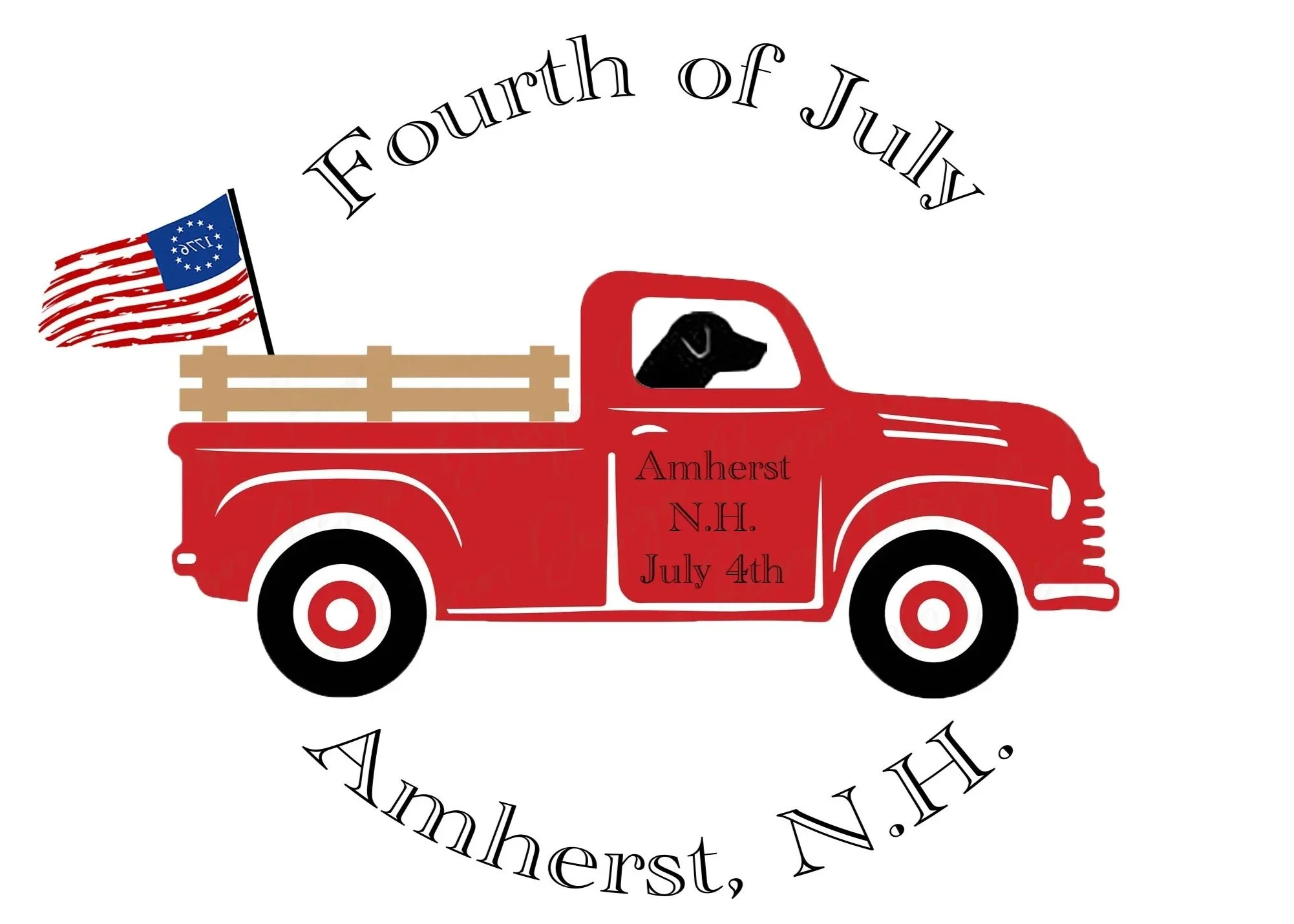 A graphic of a red pickup truck with a dog in the driver's seat, an American flag on the truck bed, and text on the door that reads 'Amherst N.H. July 4th'. The truck is part of a circular design with the words 'Fouth of July' and 'Thankers' around it.