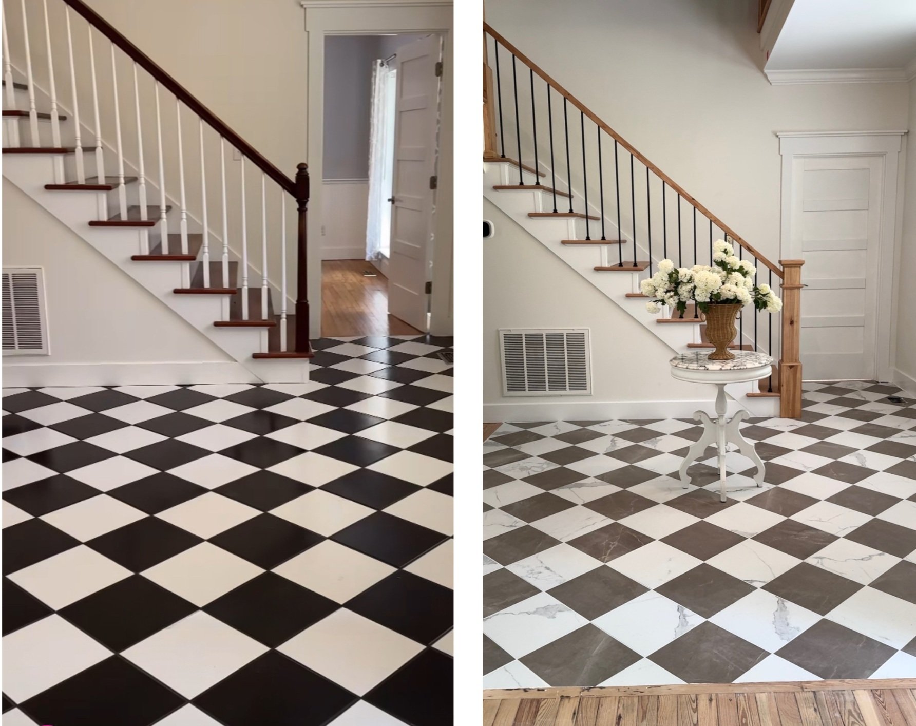 Comparison of two entryway floors with staircase. Left side shows black and white checkered tile flooring, right side shows light gray and white marbled tile flooring with a small marble-topped table and flower arrangement.