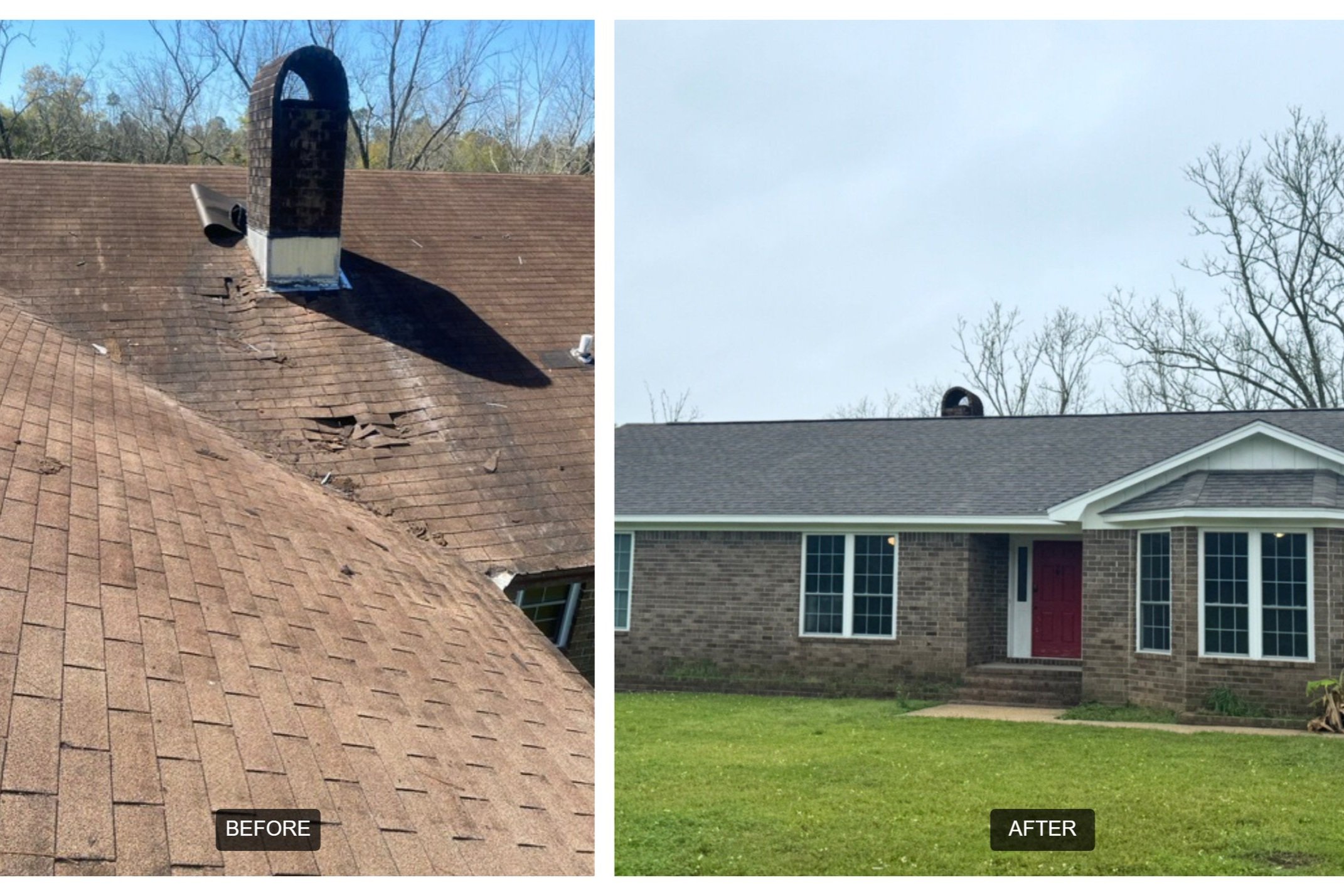 Before and after images of a house roof repair. The 'before' photo shows a damaged and worn asphalt shingle roof with missing shingles and a broken chimney pipe, while the 'after' photo depicts a clean, new roof with intact shingles and a well-mainta