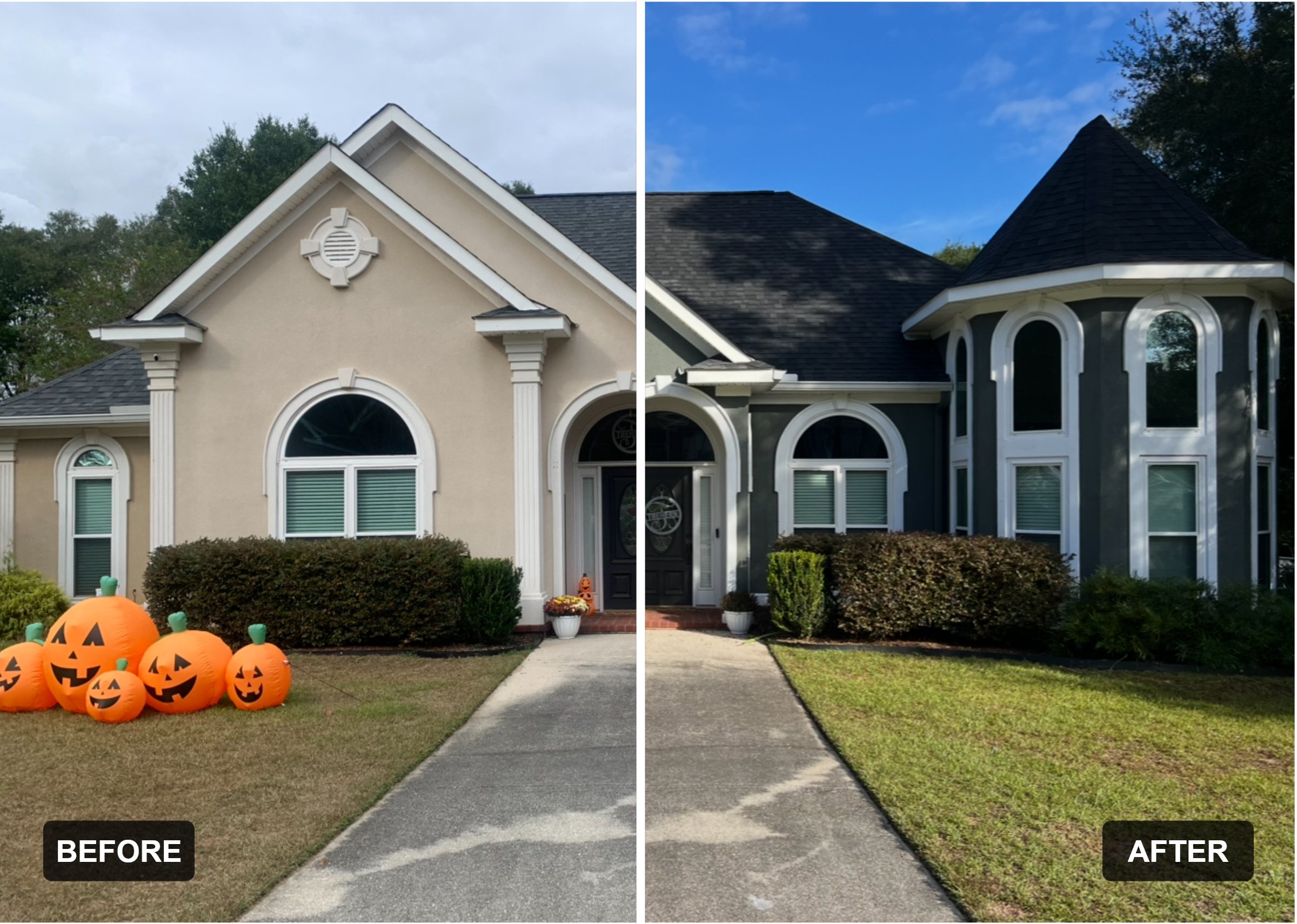 Side-by-side comparison of a house before and after renovation. The front yard with Halloween decorations (pumpkin lanterns) is visible on the left, showing a beige house with white trim. The right side shows the same house but painted dark gray with