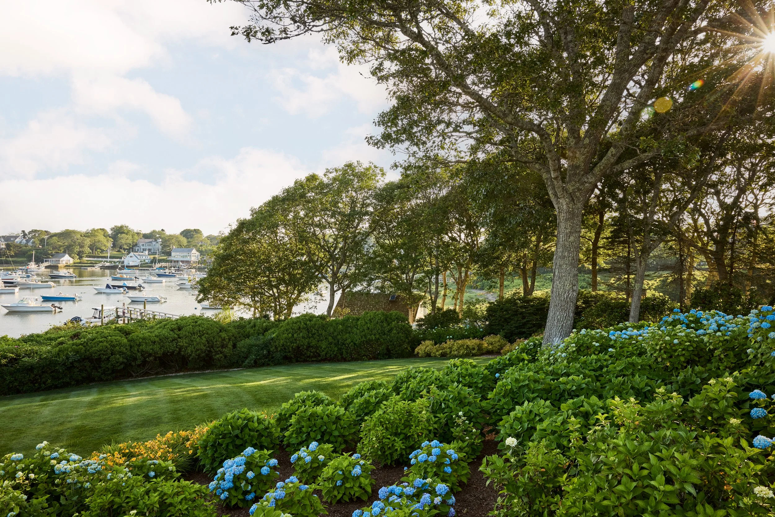 A scenic view of a landscaped garden with green grass, bushes with blue flowers, and tall trees near a body of water with boats and houses in the background under a partly cloudy sky