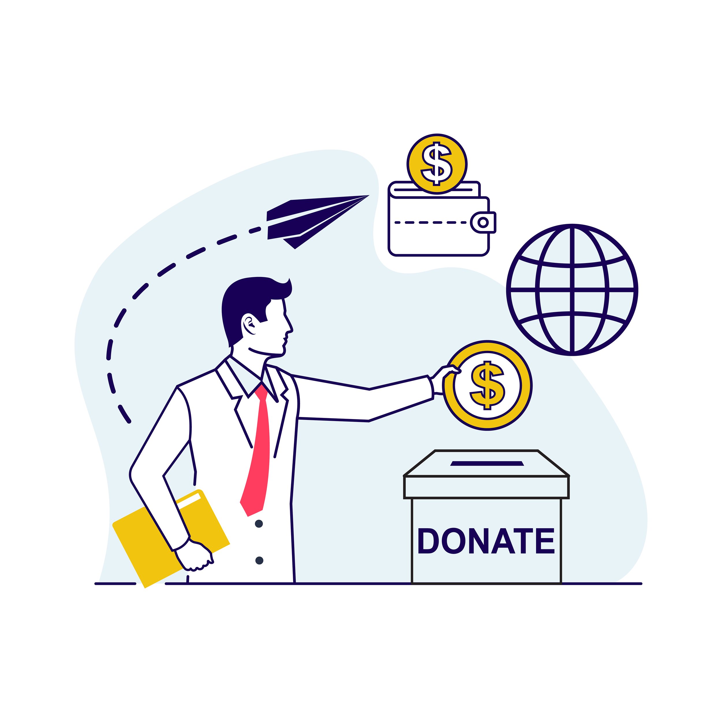A person placing a coin into a donation box labeled 'DONATE' with icons of a wallet with a dollar sign, a globe, and a paper plane nearby.