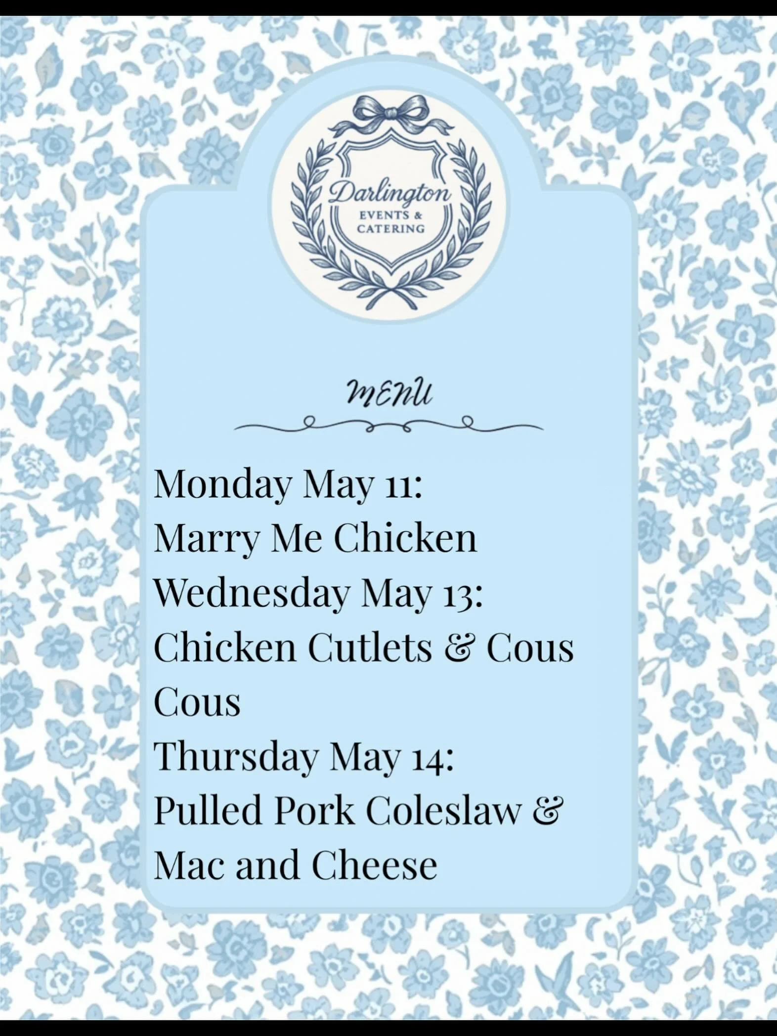 Next week&rsquo;s menu is live!  Monday is our fan favorite: Marry Me chicken and Weds is new and delicious: golden crispy chicken cutlets with a cold cous cous salad. We are also offering a limited number of BBQ meals on Thursday, as we are limited 