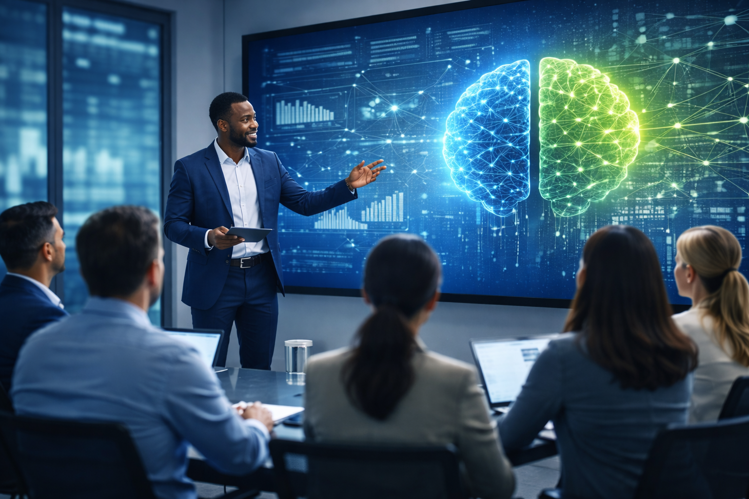 A man in a suit giving a presentation about the brain to a group of people in a conference room. The presentation displays digital graphics of two interconnected brain illustrations on a large digital screen.