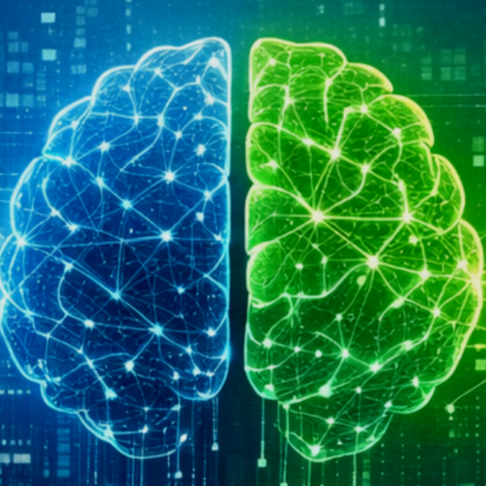 Digital illustration of two human brains, one blue and one green, connected by neural network lines, symbolizing artificial intelligence or technological advancement.