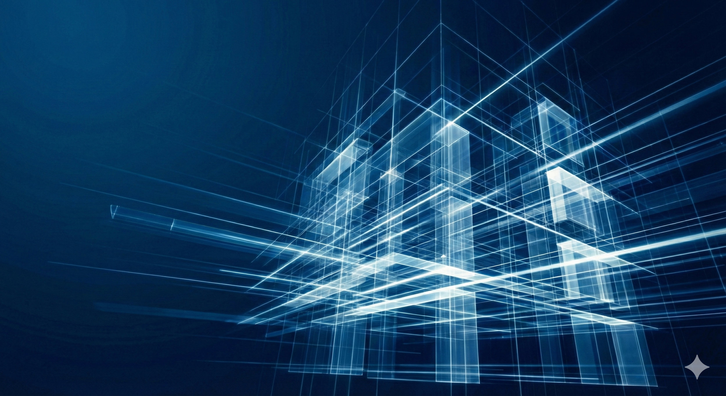 Digital wireframe model of a building or architectural structure with glowing white lines on a dark blue background.
