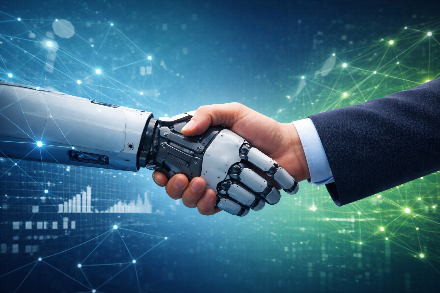 Close-up of human hand shaking hands with a robotic hand, with a digital futuristic background.
