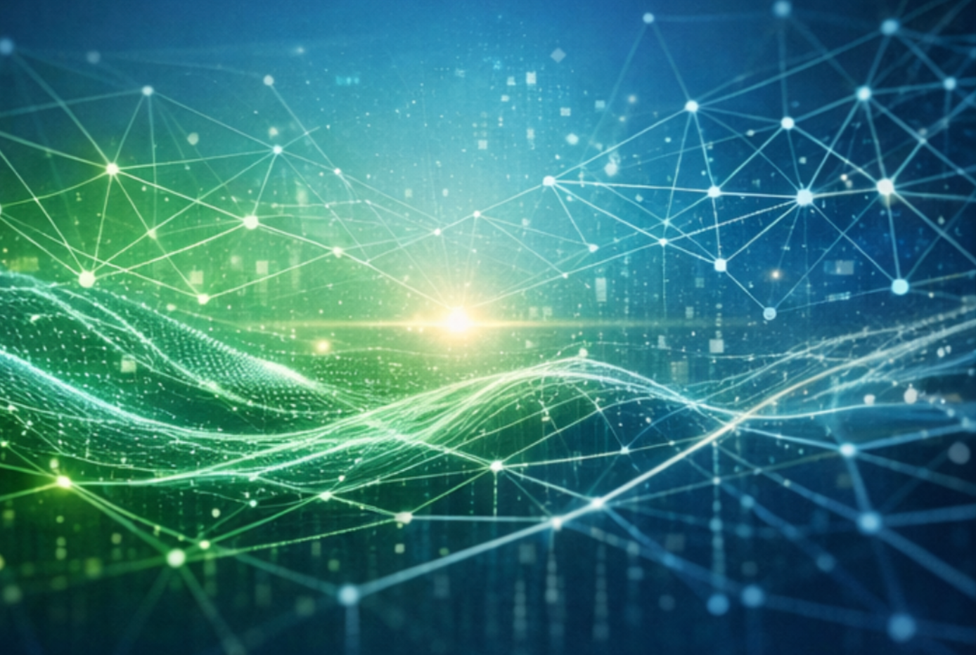 Digital abstract background with interconnected glowing lines and dots representing a network or data connection, with a bright light source in the center.