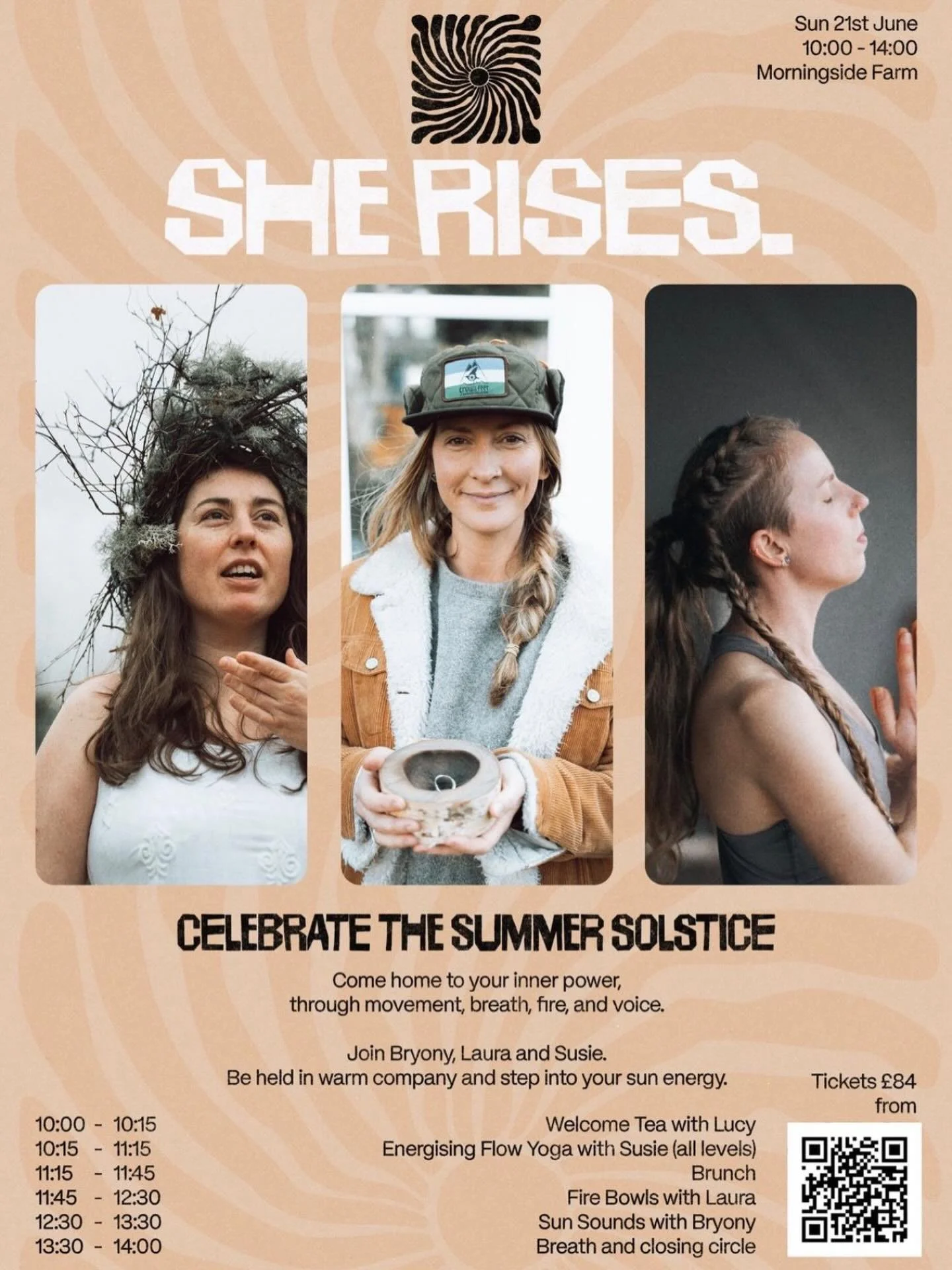SHE RISES ☀️ Celebrate the Summer Solstice ☀️ come home to your inner power through movement, breath, fire and voice ☀️ join Bryony, Laura and Susie ☀️ be held in warm company and step into your sun energy ☀️ craft your own fire bowl ☀️energising flo