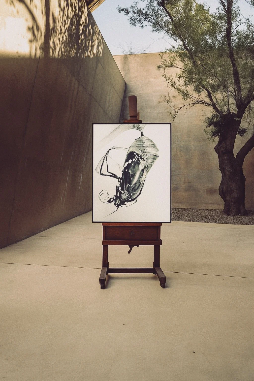 Crisalida, watercolor on paper by Antonia Montealegre, 2024, featuring a butterfly emerging from its chrysalis, framed and exhibited in an italian courtyard