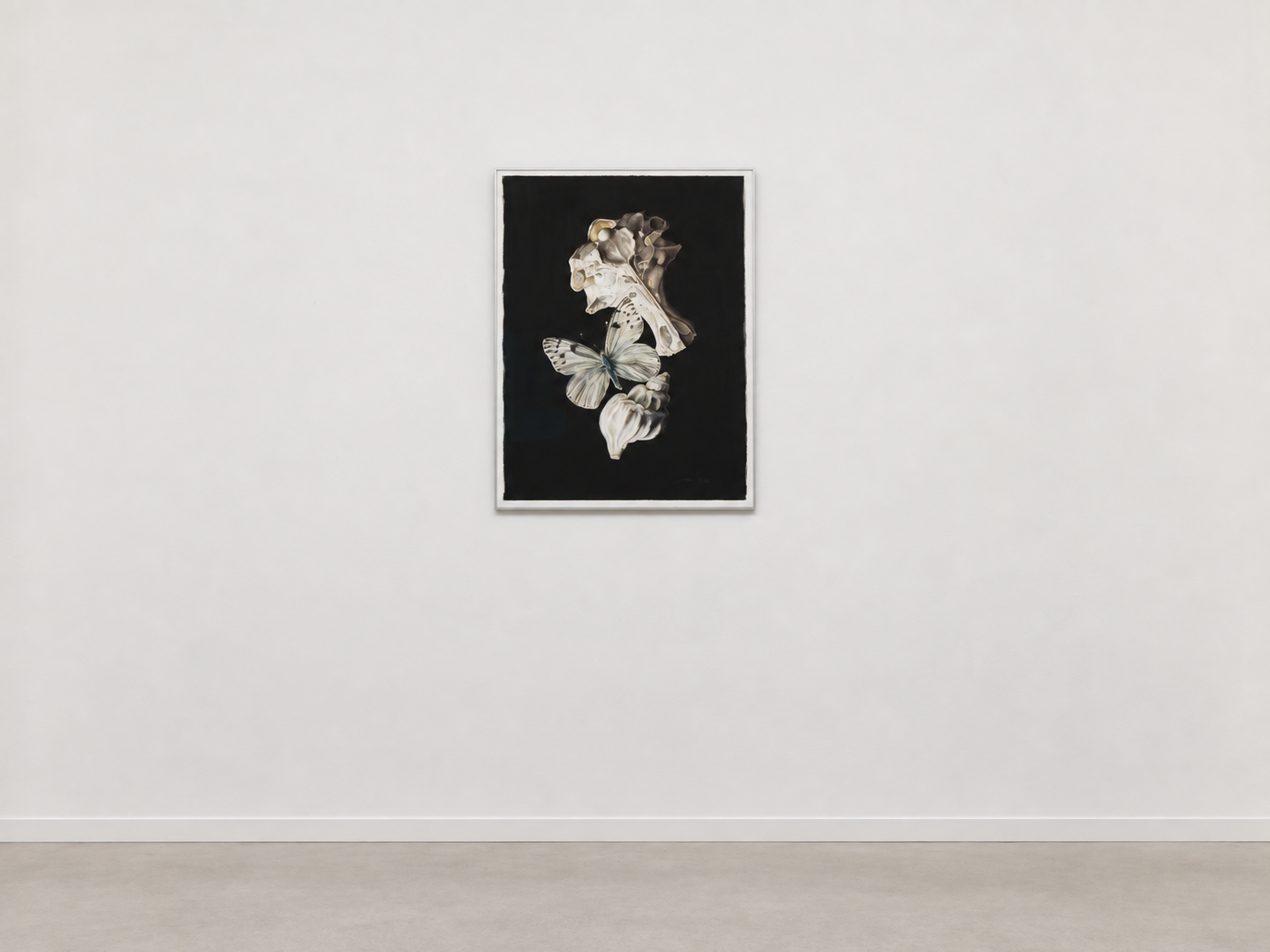 Vestigios — Blanco sobre Negro by Antonia Montealegre, shown framed as a watercolor and acrylic work on paper.
