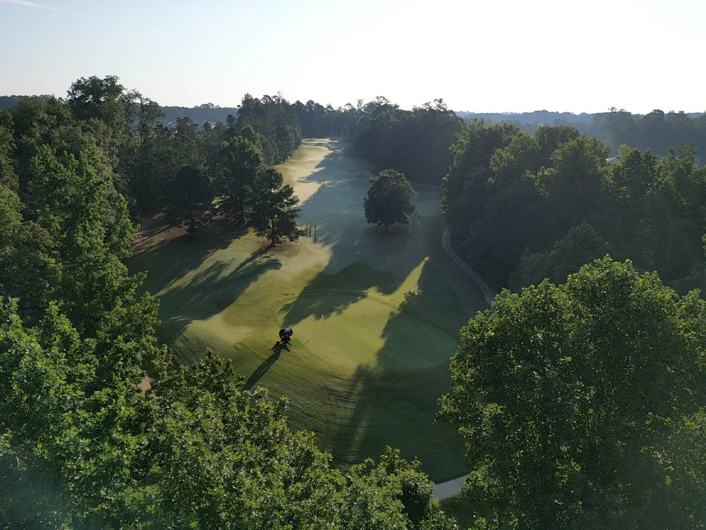 Aerial view of a golf course with green fairways, trees, and a golf cart on the grass during daytime.