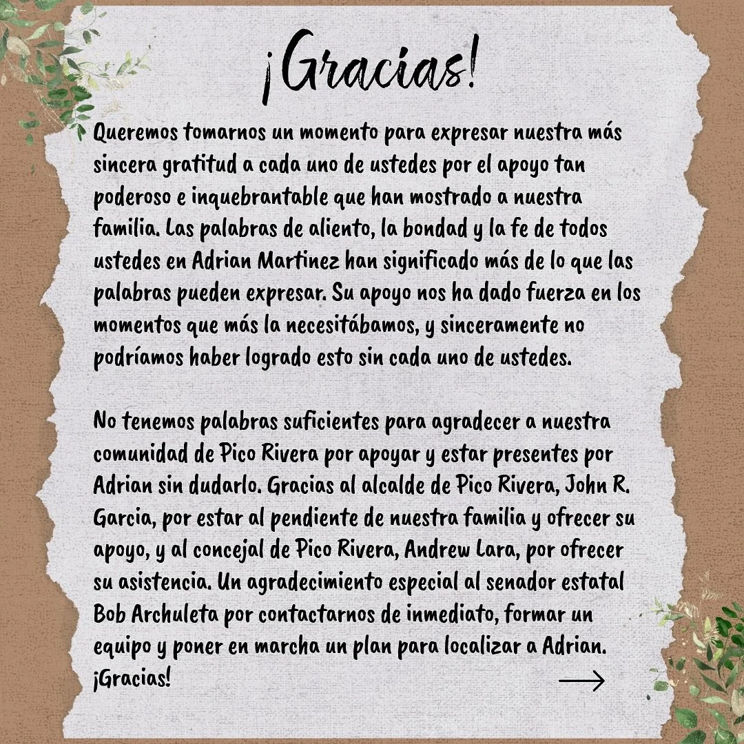 Queremos tomarnos un momento para expresar nuestra m&aacute;s sincera gratitud a cada uno de ustedes por el apoyo tan poderoso e inquebrantable que han mostrado a nuestra familia. Las palabras de aliento, la bondad y la fe de todos ustedes en Adrian 