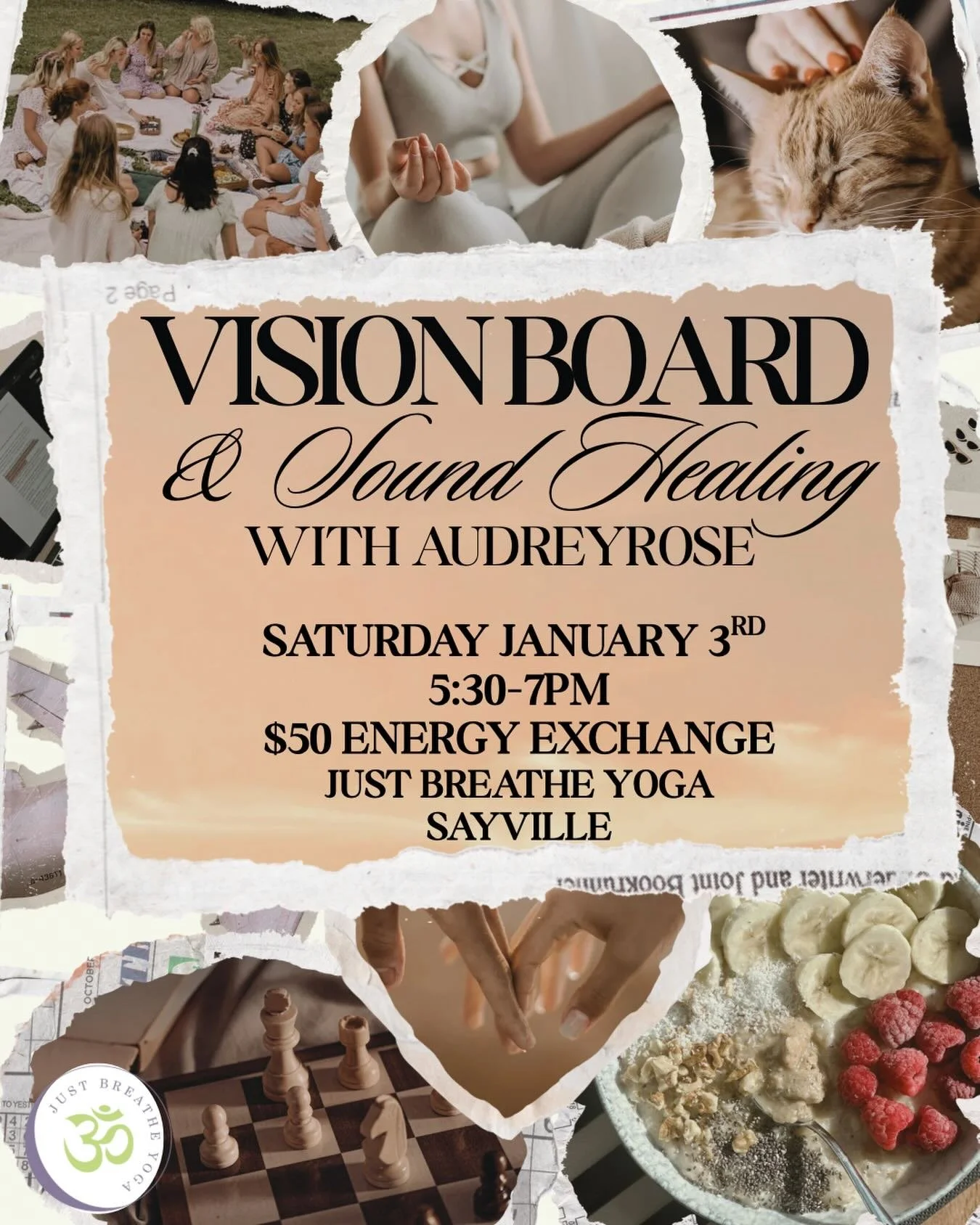 Vision Board and Sound Healing workshop with AudreyRose
Saturday, January 3rd 5:30-7:00pm @ Just Breathe Yoga Sayville

#longisland #yogastudio #workshop #manifest #explore