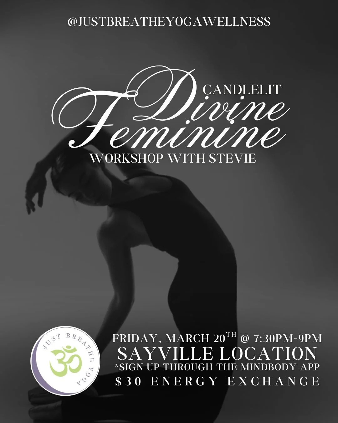 Join Stevie Friday March 20th 7:30pm
Candlelit Divine Feminine Workshop
$30 energy exchange 
Sayville location

#justbreatheyoga #divinefeminineenergy #jusbreathe
