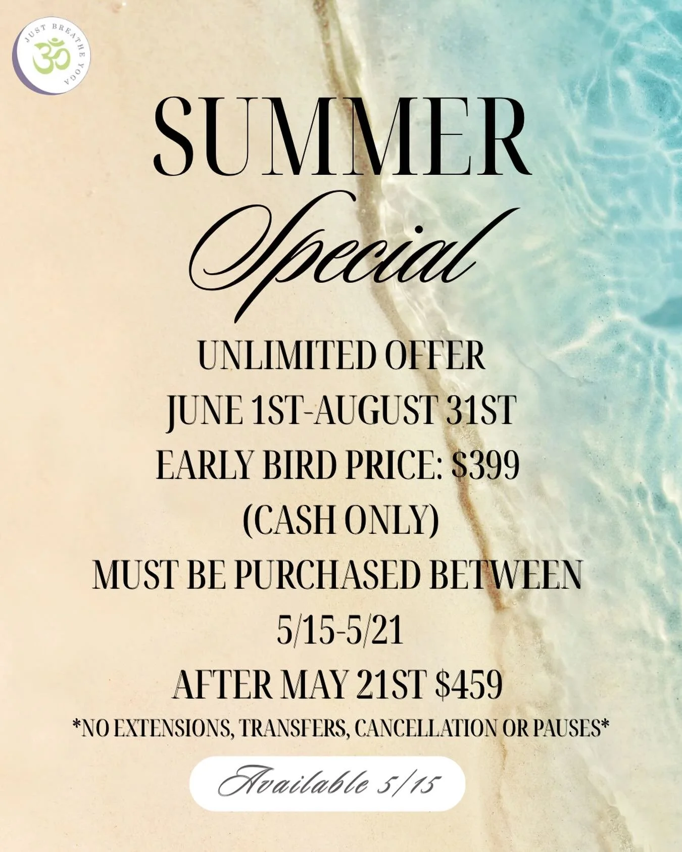 Summer Special available for purchase 5/15!
Early bird pricing:
$399 unlimited all summer long 6/1-8/31 
After May 21st $459
*no extensions, transfers, cancellations or pauses*

#justbreatheyoga #hotyoga #infernohotpilates #summerspecial