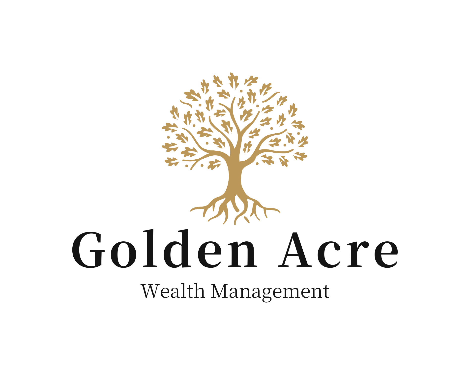 Logo with a gold tree and roots above the words "Golden Acre" and "Wealth Management" in black text on a black background.