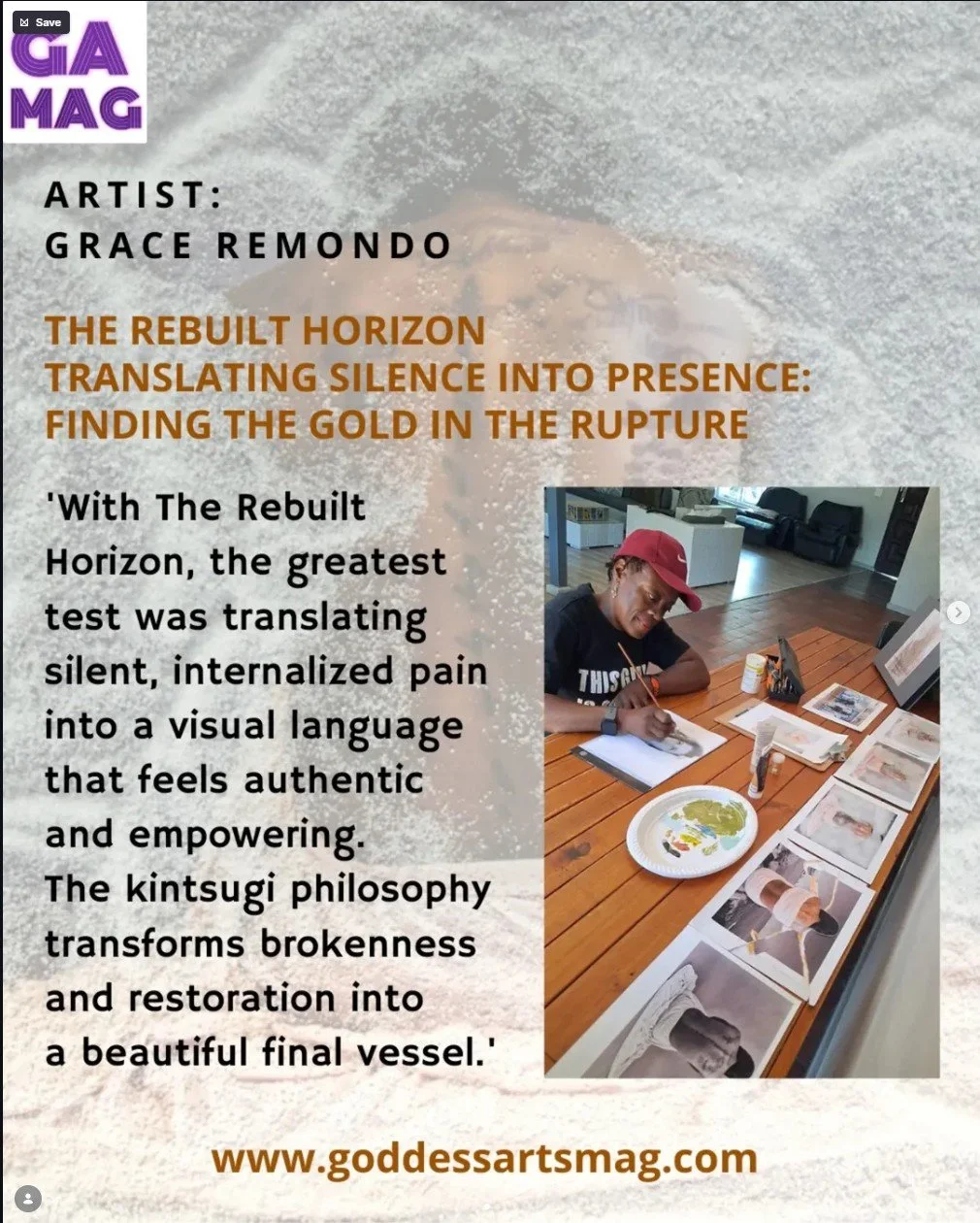 Feature article interview with photographer Grace Remondo in Goddessarts Magazine. The graphic shows the headline 'The Rebuilt Horizon: An Inventory of Absence and Light' alongside a portrait exploring the journey from trauma to presence.