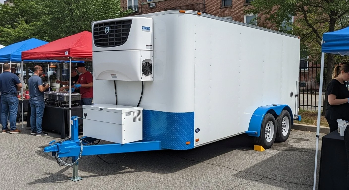 White mobile refrigerated food trailer with blue accents parked outdoors at an event, with several people and vendor tents nearby.