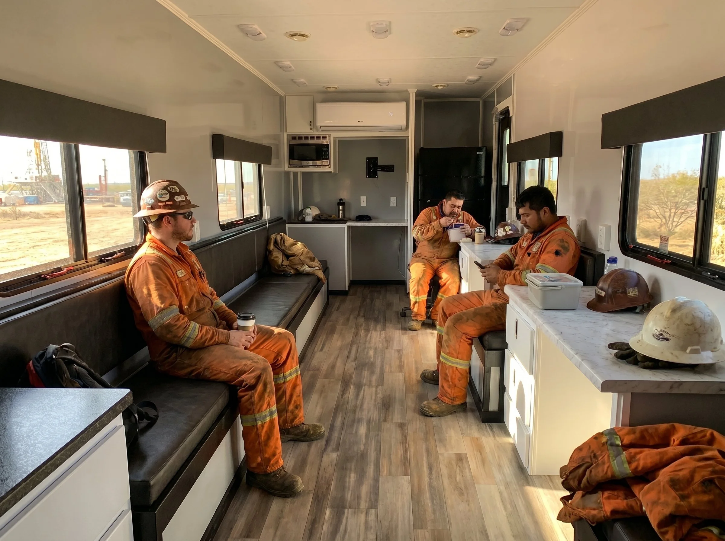 Oil Field Workers on Break In Cooldown Trailer