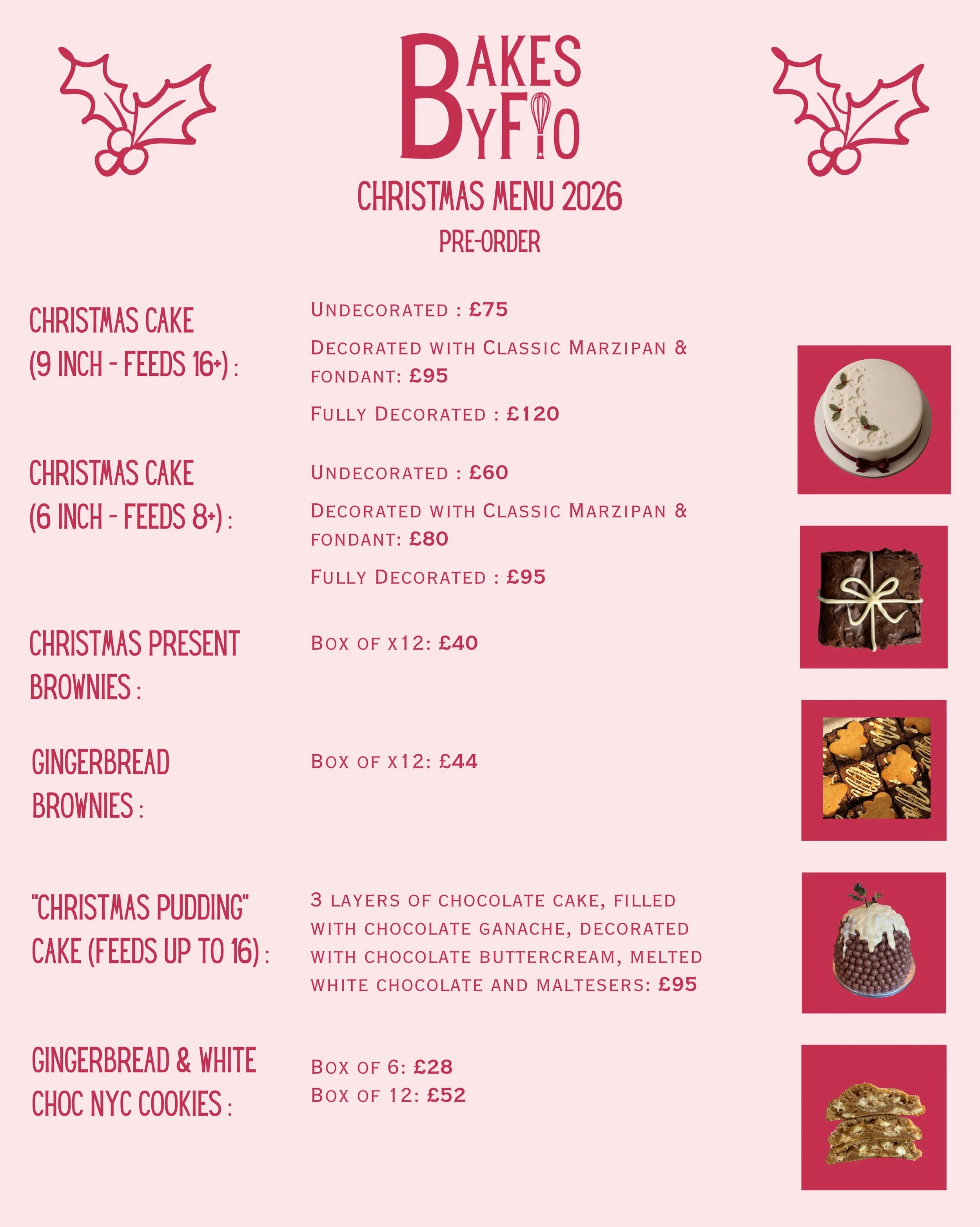 CHRISTMAS PRE-ORDERS ARE OPEN 🎄✨

The Bakes By Flo Christmas menu is officially here!!

Christmas cake pre-orders close Sunday 8th November, with all other Christmas orders open until Friday 11th December, subject to availability. 

Collections will