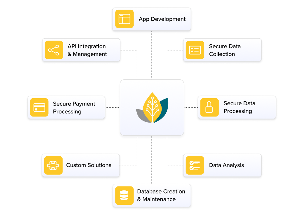 Diagram showing components of app development, including app development, API management, secure data collection and processing, data analysis, database creation, custom solutions, and secure payment processing, with icons representing each element.