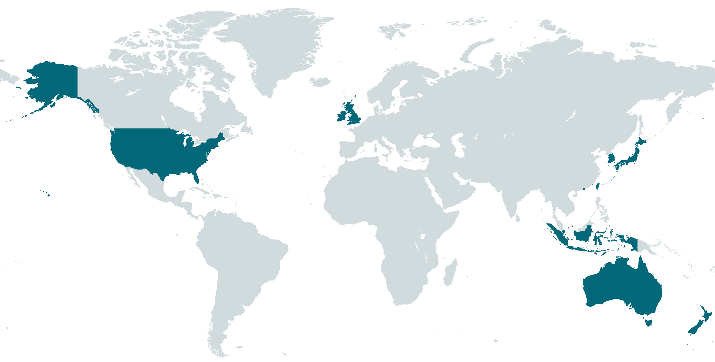 World map highlighting Australia, Japan, the United Kingdom, and countries in North America including the US, Canada, and Mexico.