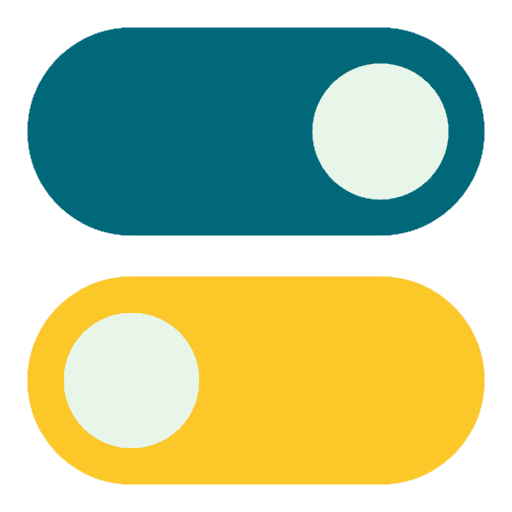Close-up of two toggle switches, one teal and one yellow, with circular knobs in the 'on' position.