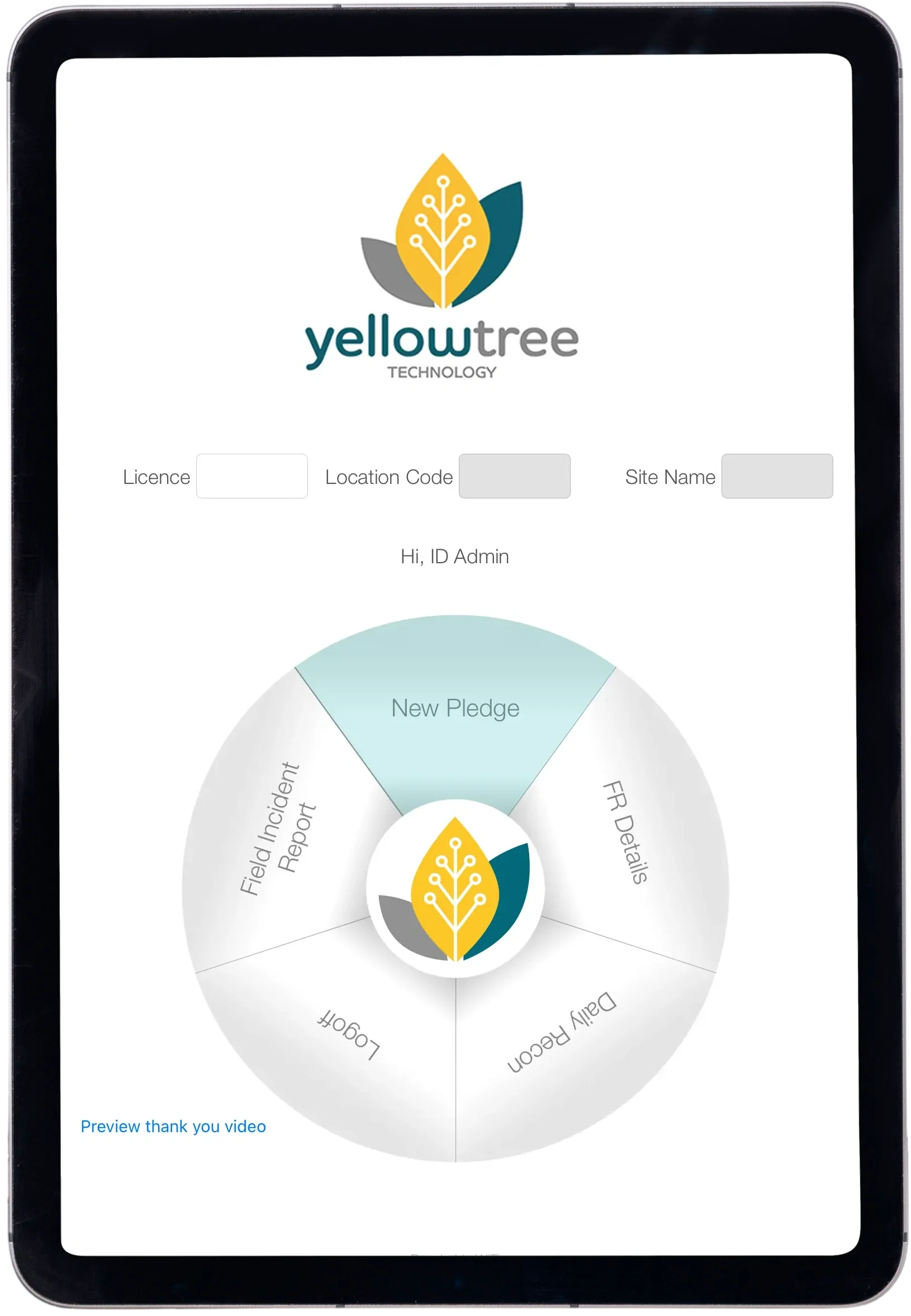 Tablet screen displaying a logo for 'Yellow Tree Technology' and a circular infographic with sections for 'New Pledge,' 'FR Details,' 'Daily Reason,' 'Lodgf,' 'Field Incident Report,' with input fields for license, location code, and site name.