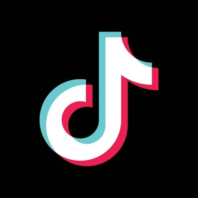 TikTok logo with black background and multicolored outline.