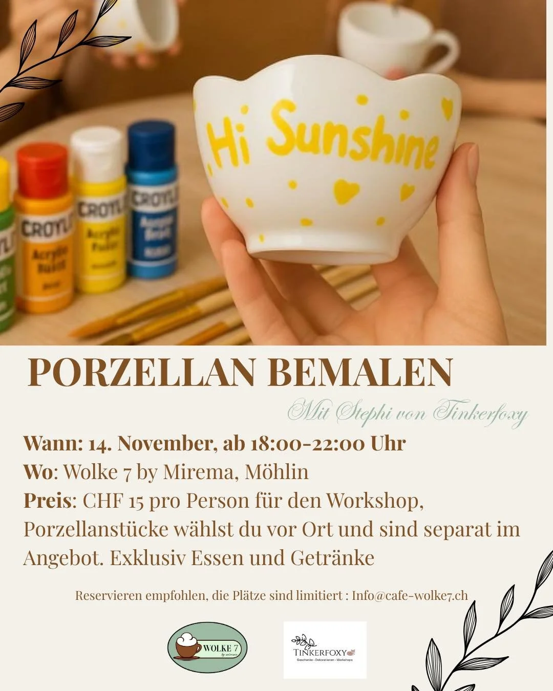🎨 Pinsel raus, Alltag aus.
Zusammen mit Stephi von Tinkerfoxy bemalst du dein eigenes Lieblingsgeschirr &ndash; ganz entspannt und kreativ. ✨

Du suchst dir vor Ort deine Porzellanst&uuml;cke aus, gestaltest sie, wie es dir gef&auml;llt, und nach de