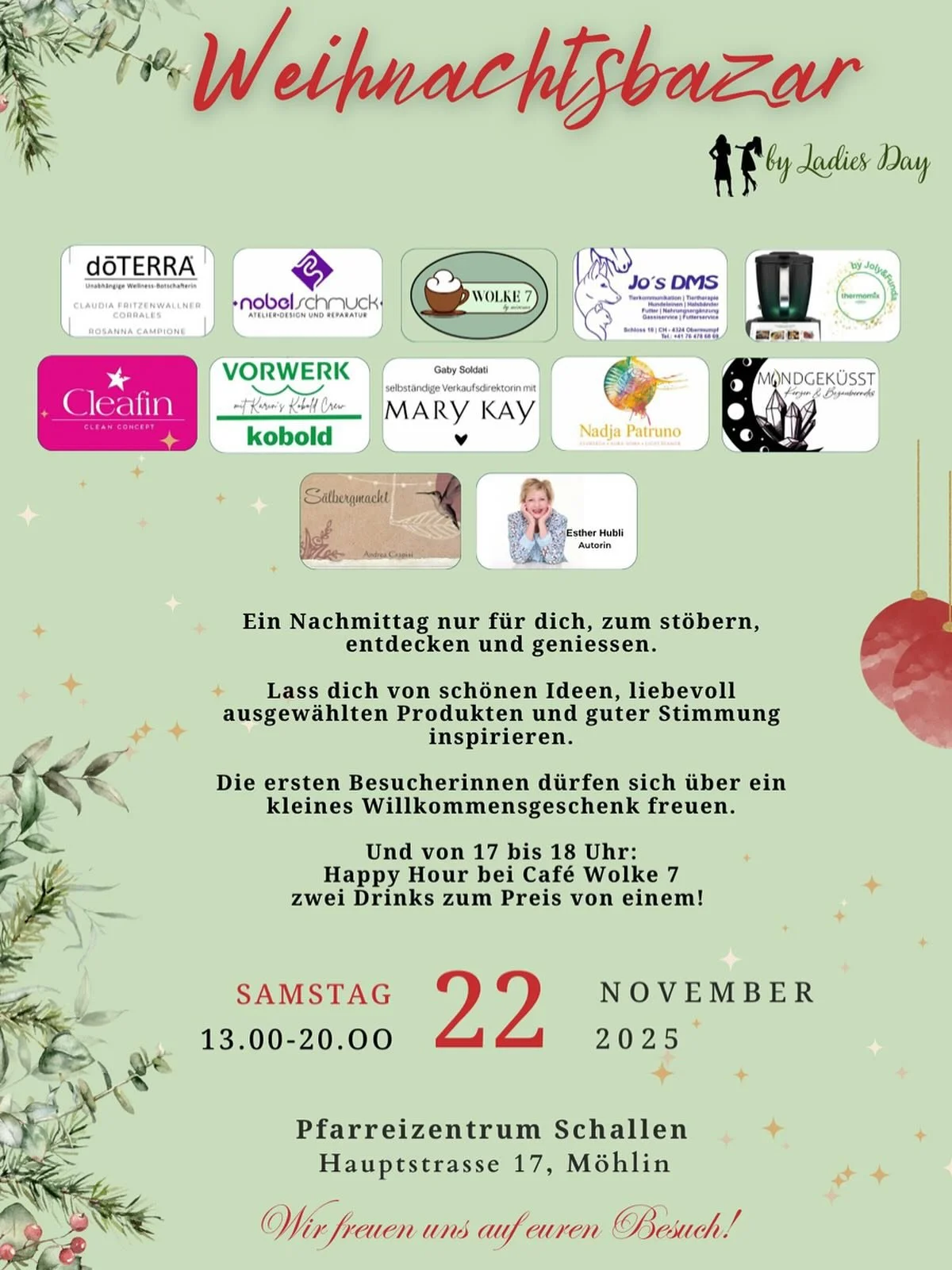 Wolke 7 by Mirema &ndash; diesmal ausser Haus und ganz in Weihnachtsstimmung 🎄✨

Am 22. November findest du uns an der Hauptstrasse 17 in M&ouml;hlin &ndash; mitten im festlichen Treiben des Ladies Day Weihnachtsbazars.

Dich erwarten hausgemachte L