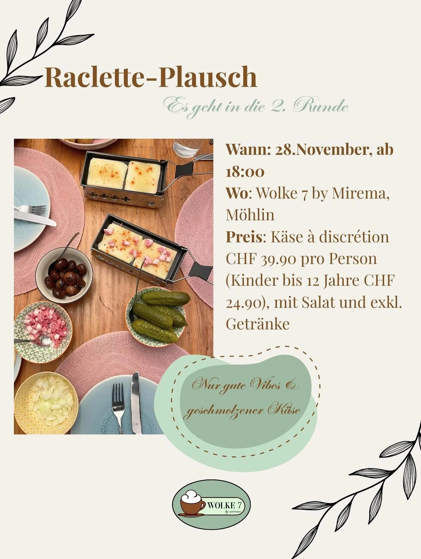 Raclette-Plausch, Runde 2 - Bist du dabei? 🫶🏻✨🤎

Es gibt Abende, an denen einfach alles stimmt: warmes Licht, der Duft von geschmolzenem K&auml;se und dieses Gef&uuml;hl, gemeinsam am Tisch zu sitzen und die Zeit zu vergessen. Genau so f&uuml;hlt 