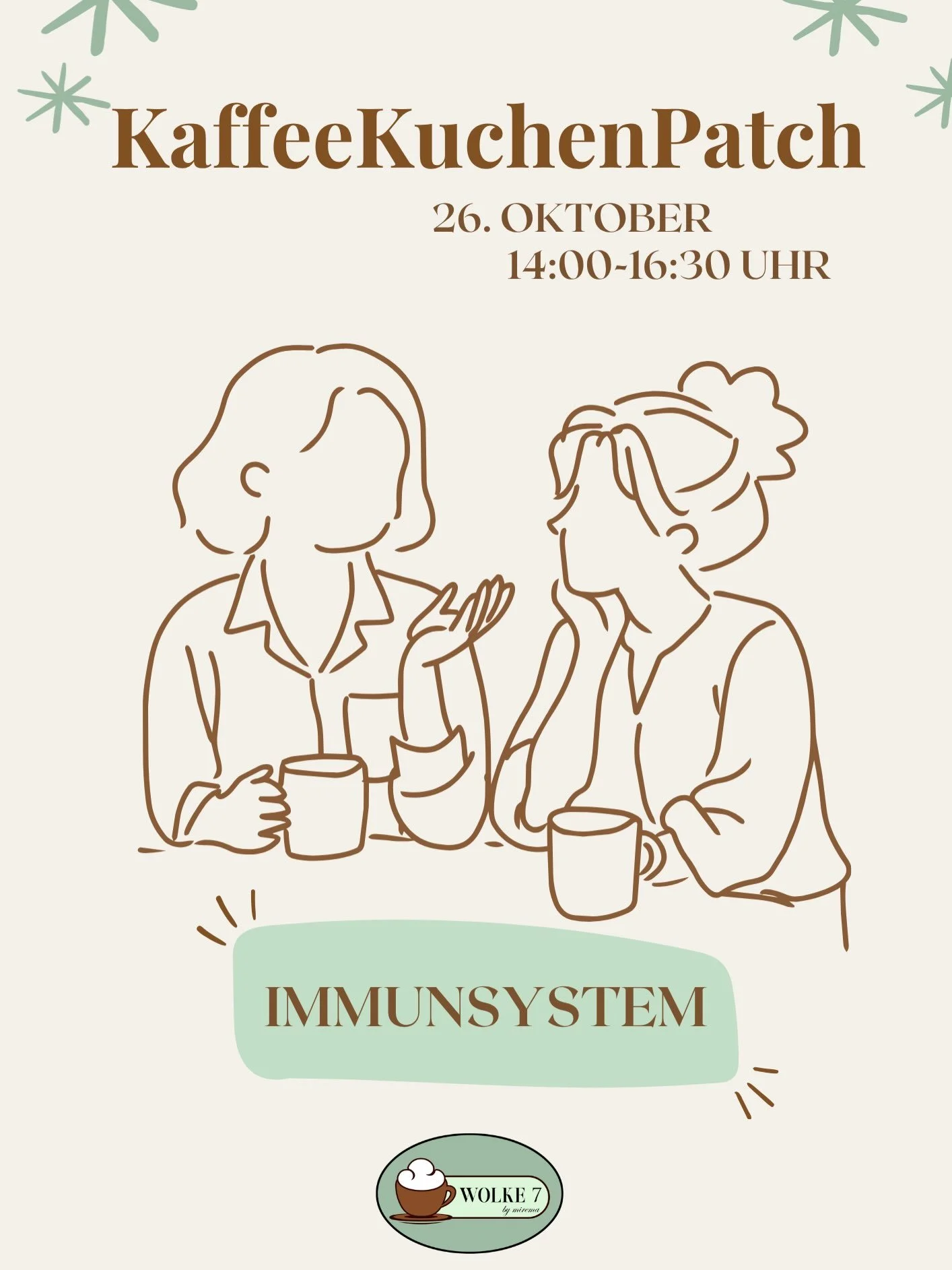 KAFFEEKUCHENPATCH☕️🍰

Am 26. Oktober von 14:00&ndash;16:30 Uhr laden Marina &amp; Corina wieder zum gem&uuml;tlichen Austausch ein. 🤍

Dieses Mal zum Thema: &laquo;Immunsystem &ndash; gest&auml;rkt durch die kalte Jahreszeit&raquo; 🍂🌿

Kommt vorb
