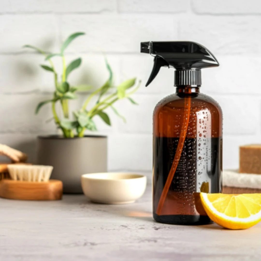 Braune Sprühflasche mit Zitronenscheibe auf Küchenablage, Pflanze im Hintergrund