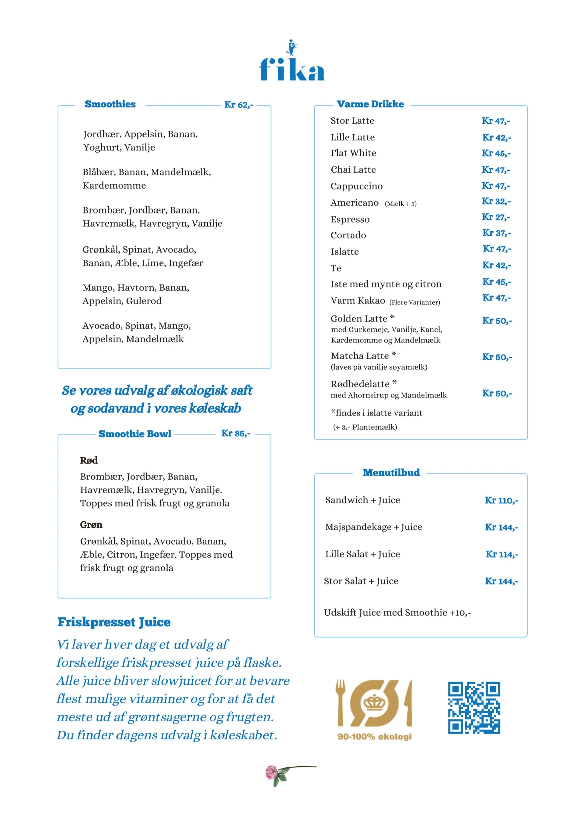 Menu featuring smoothies, hot drinks, smoothie bowls, fresh juices, and menu offers at Fika cafe. Prices in Danish kroner.