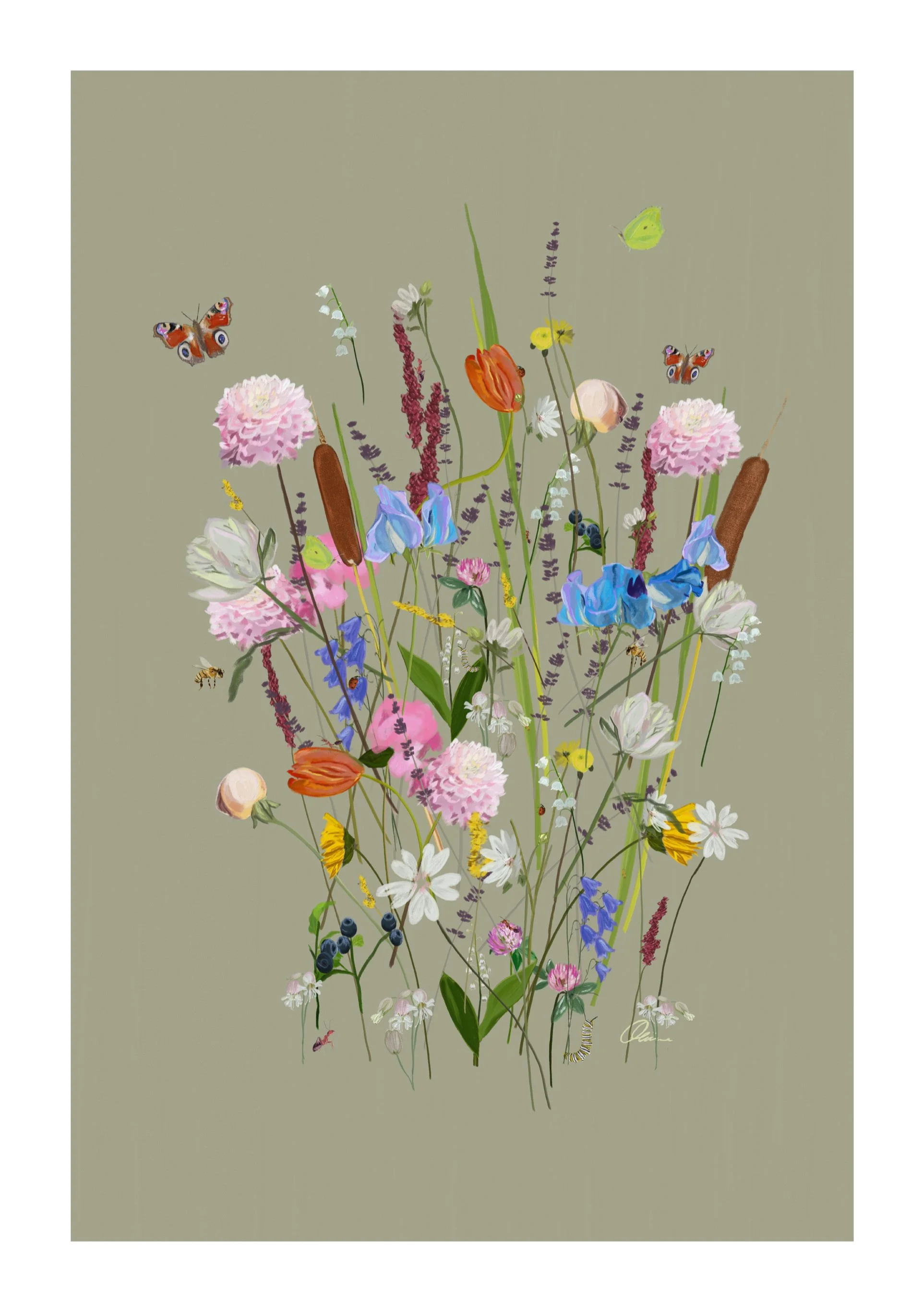 Digital illustration of various flowers and butterflies on a muted green background.