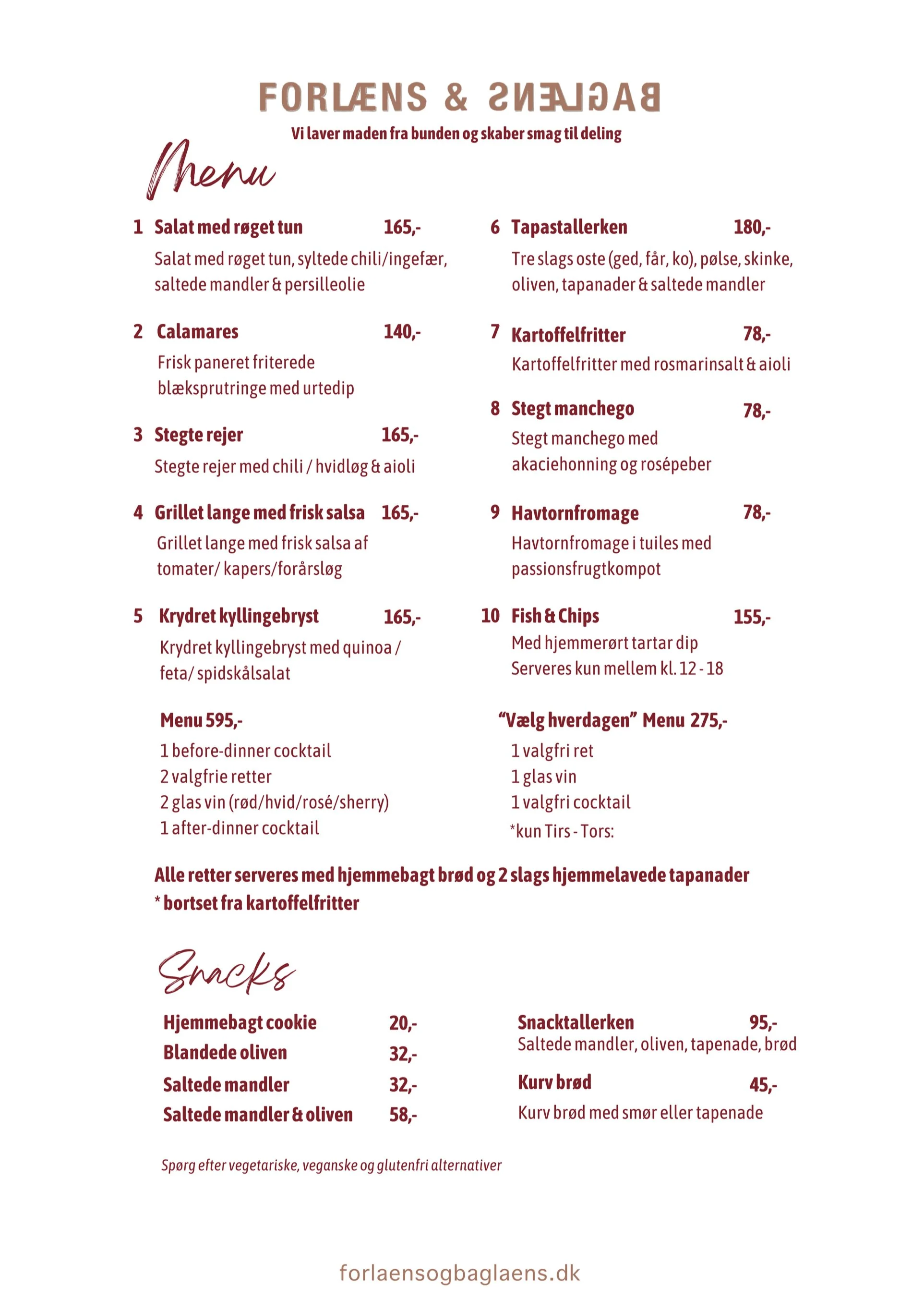 Menu from a Danish restaurant featuring various dishes such as smoked tuna salad, calamari, grilled langoustine, chicken breast, tapasalad, steak, cod fondue, fish and chips, and desserts, with prices listed in Danish kroner.